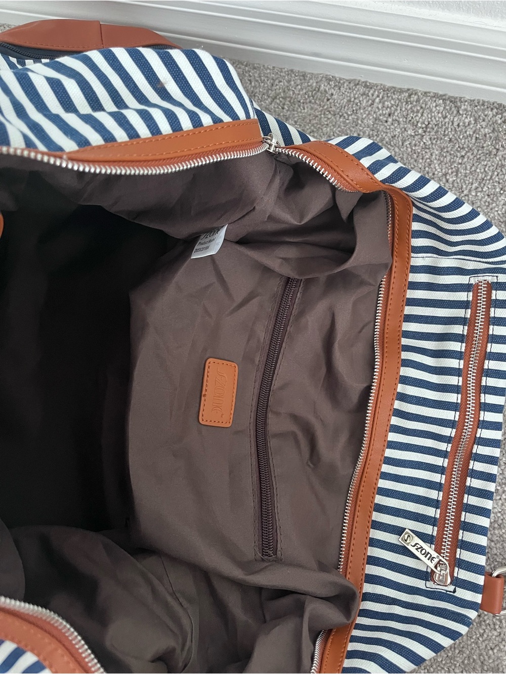 Striped Navy and White Travel Weekender Bag with Brown Leather Trim - Picture 5 of 8